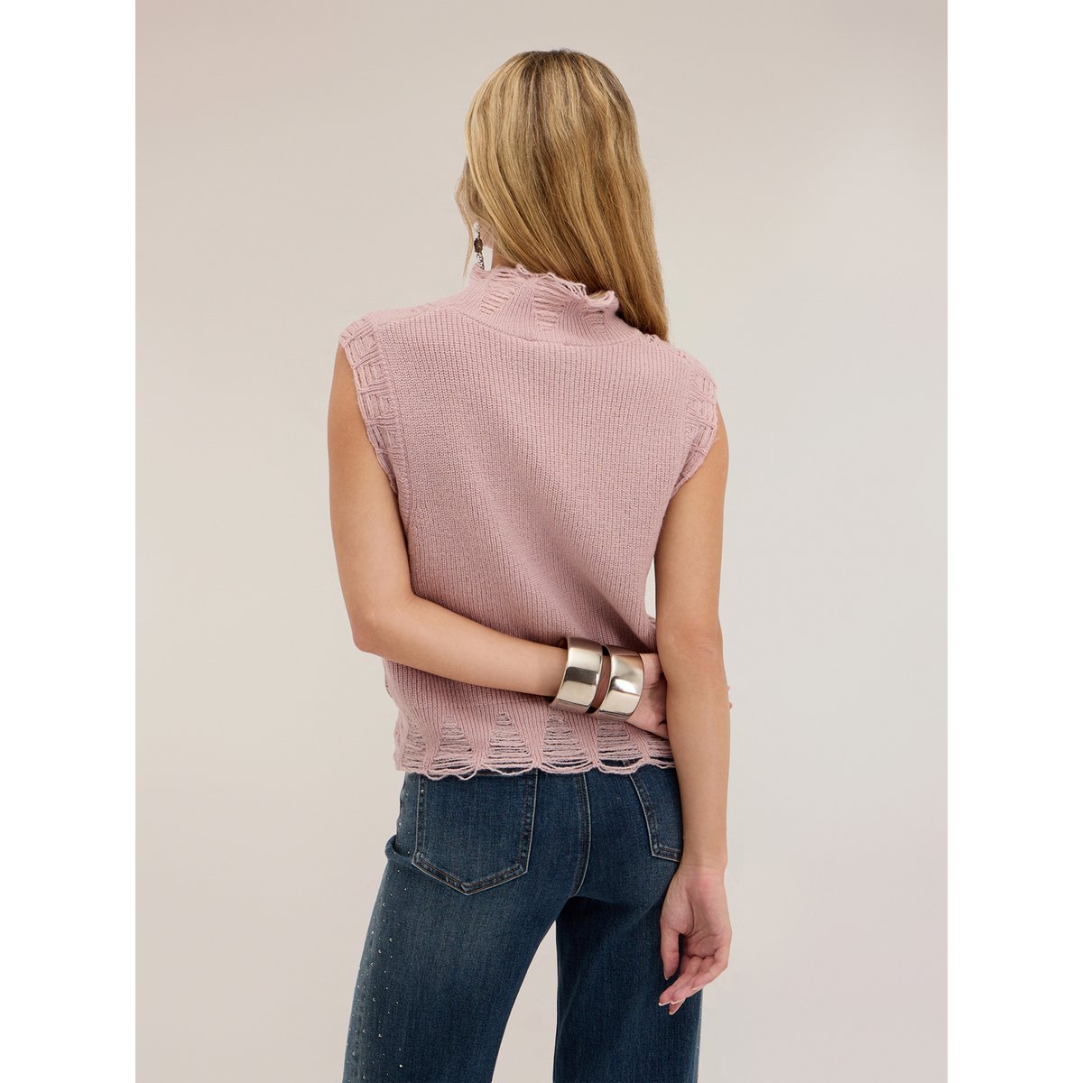 Col roulé en tricot effet dentelle rose, MOTIVI