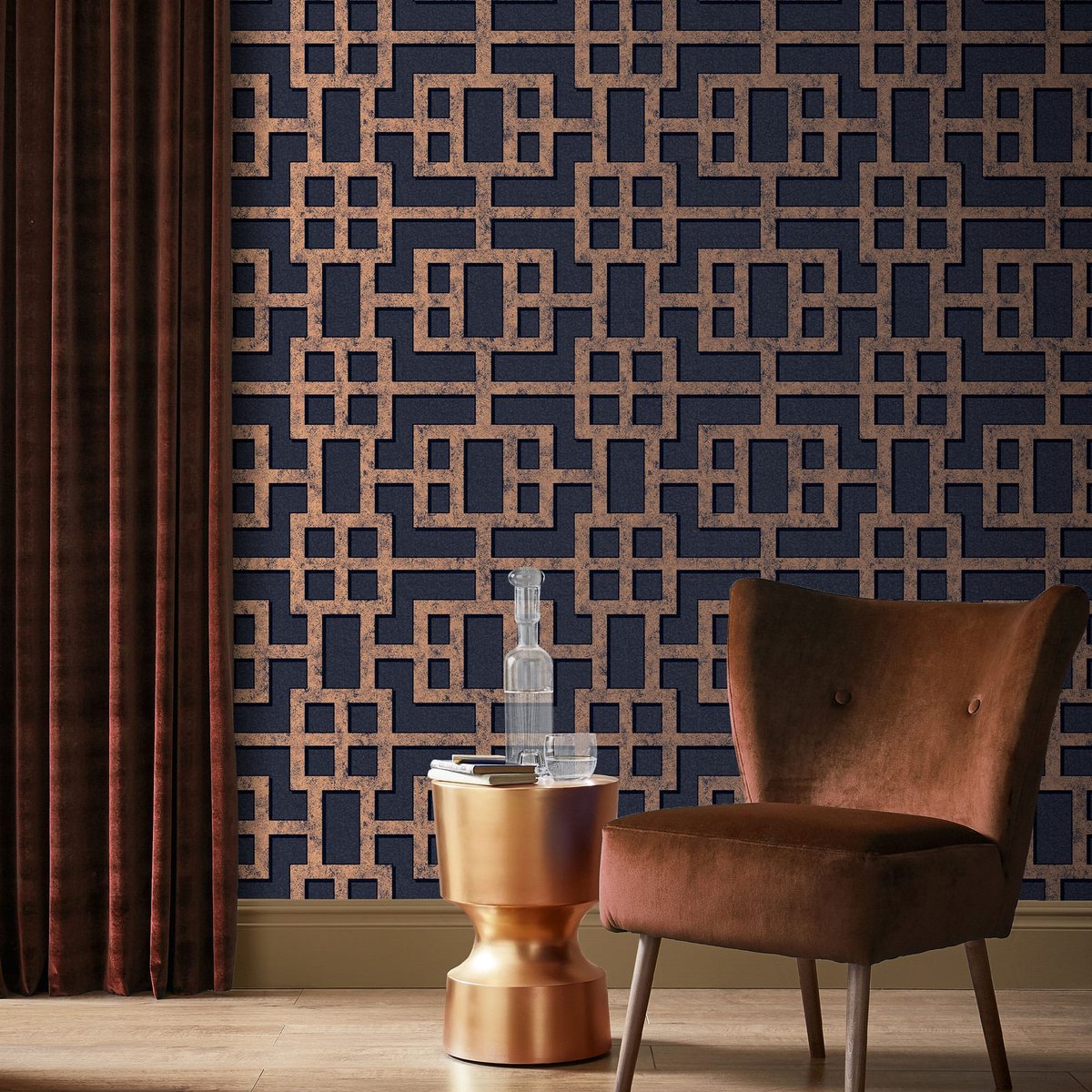 Papier peint Rendo Blue & Copper bleu, GRAHAM ET BROWN