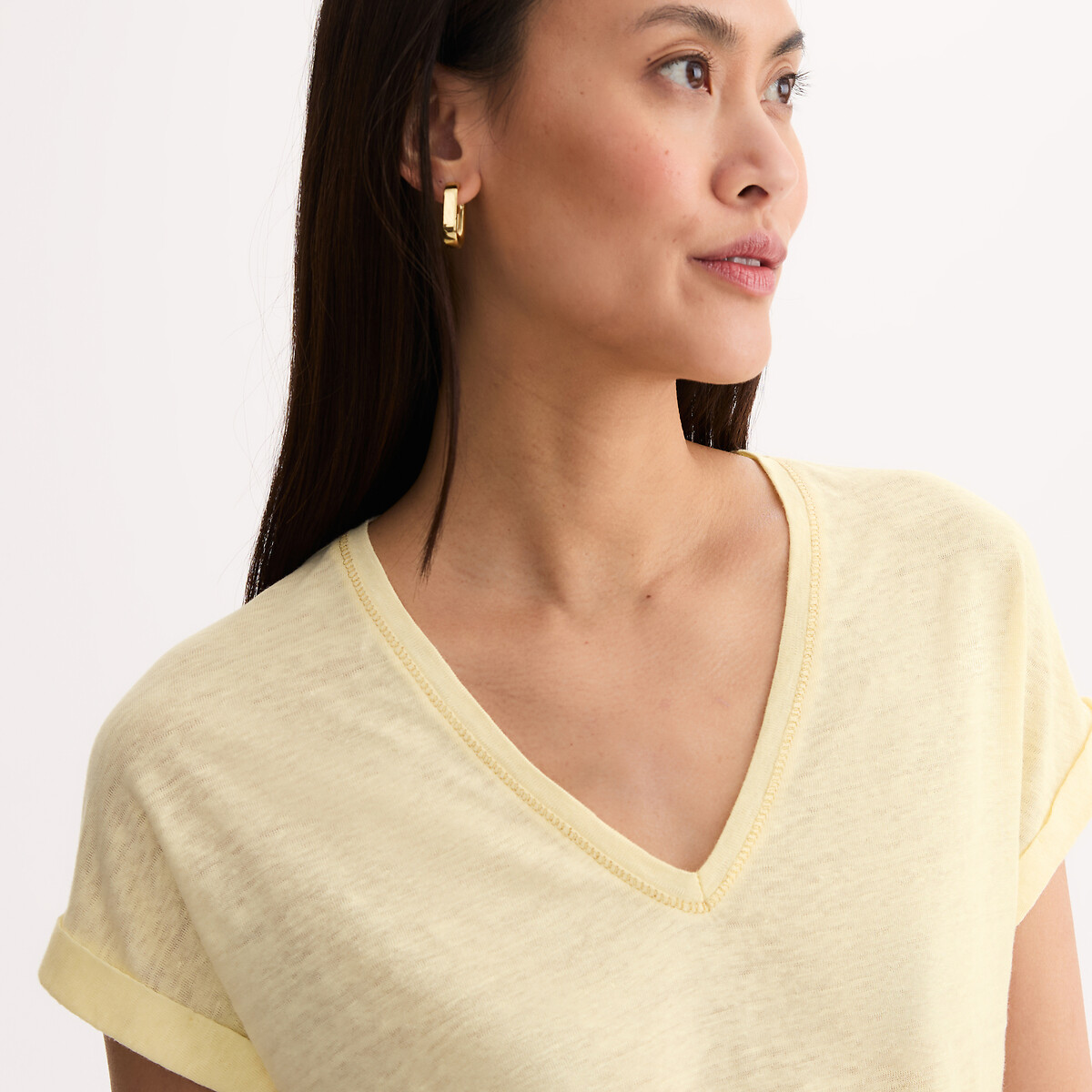 T-shirt en lin, col V, manches courtes jaune, ANNE WEYBURN