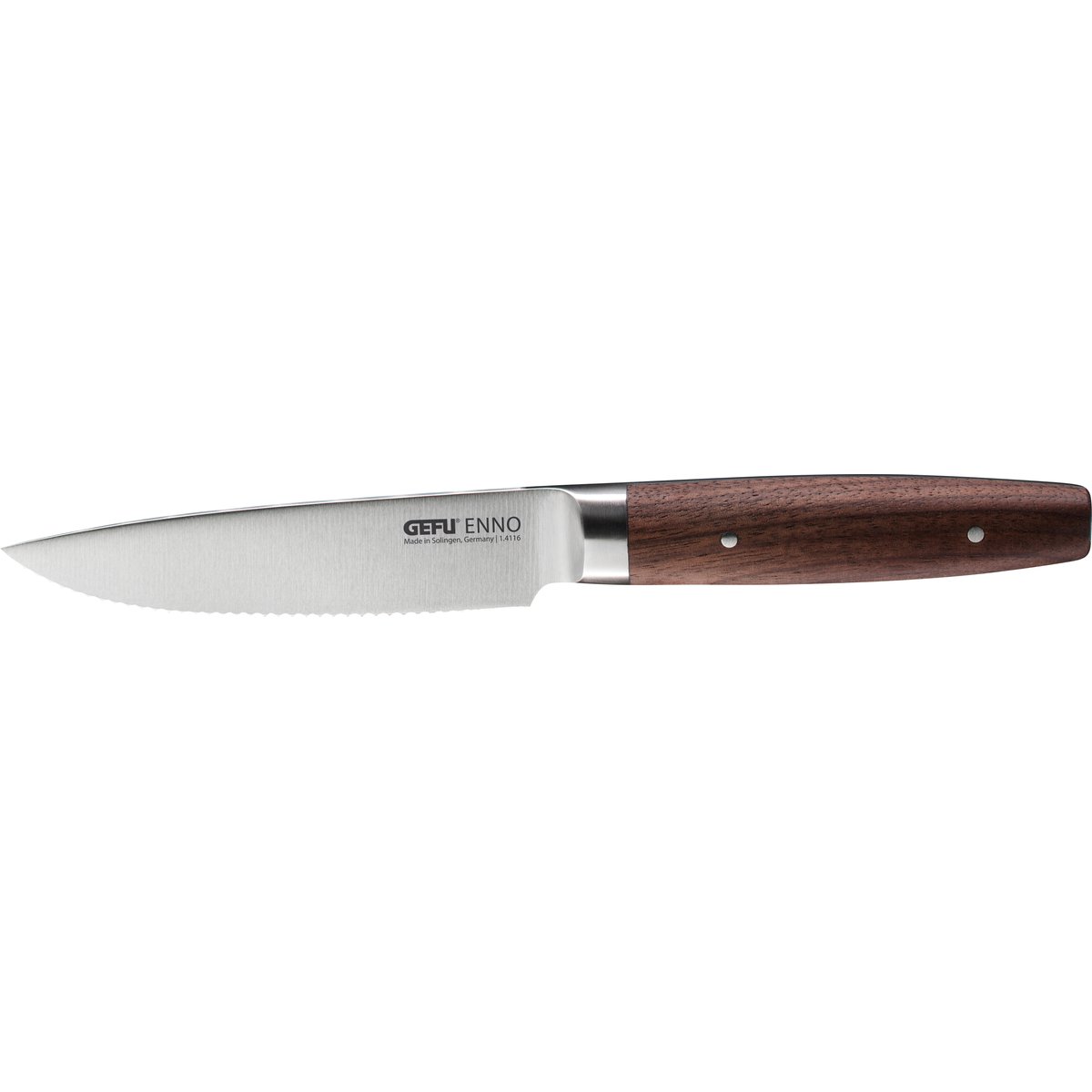 Couteau universel Enno 11,5 cm avec lame dentelée en acier et bois argent et marron, GEFU