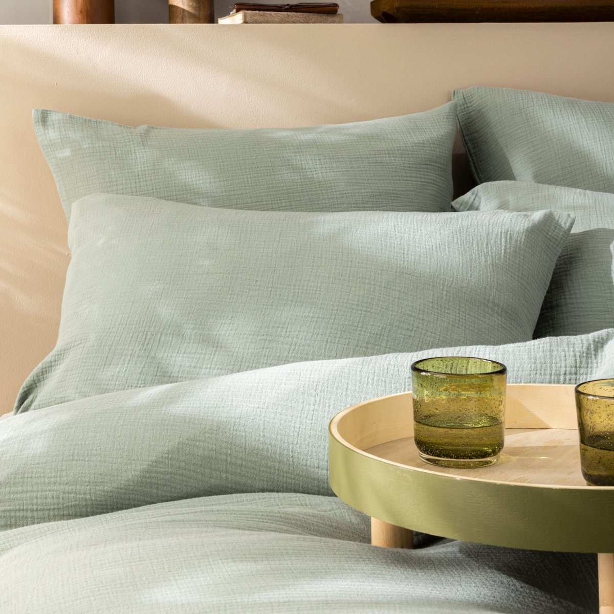 Set de 2 taies d'oreiller unies en coton, GAZE DE COTON lichen, MATT ET ROSE