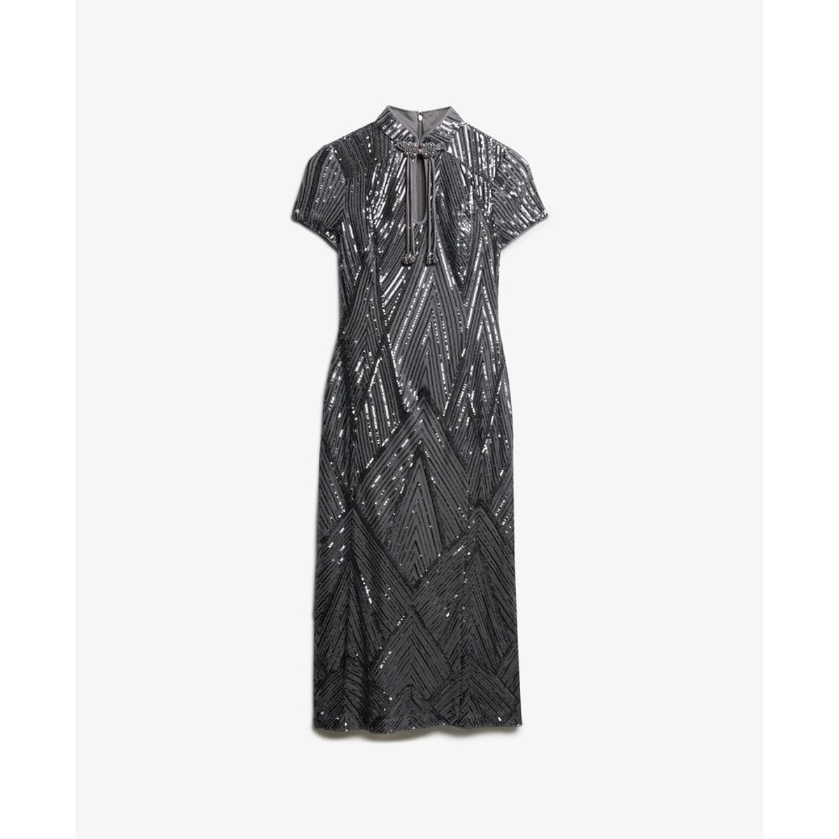 Robe mi-longue à col Mao et sequins sequins gris acier art déco, SUPERDRY
