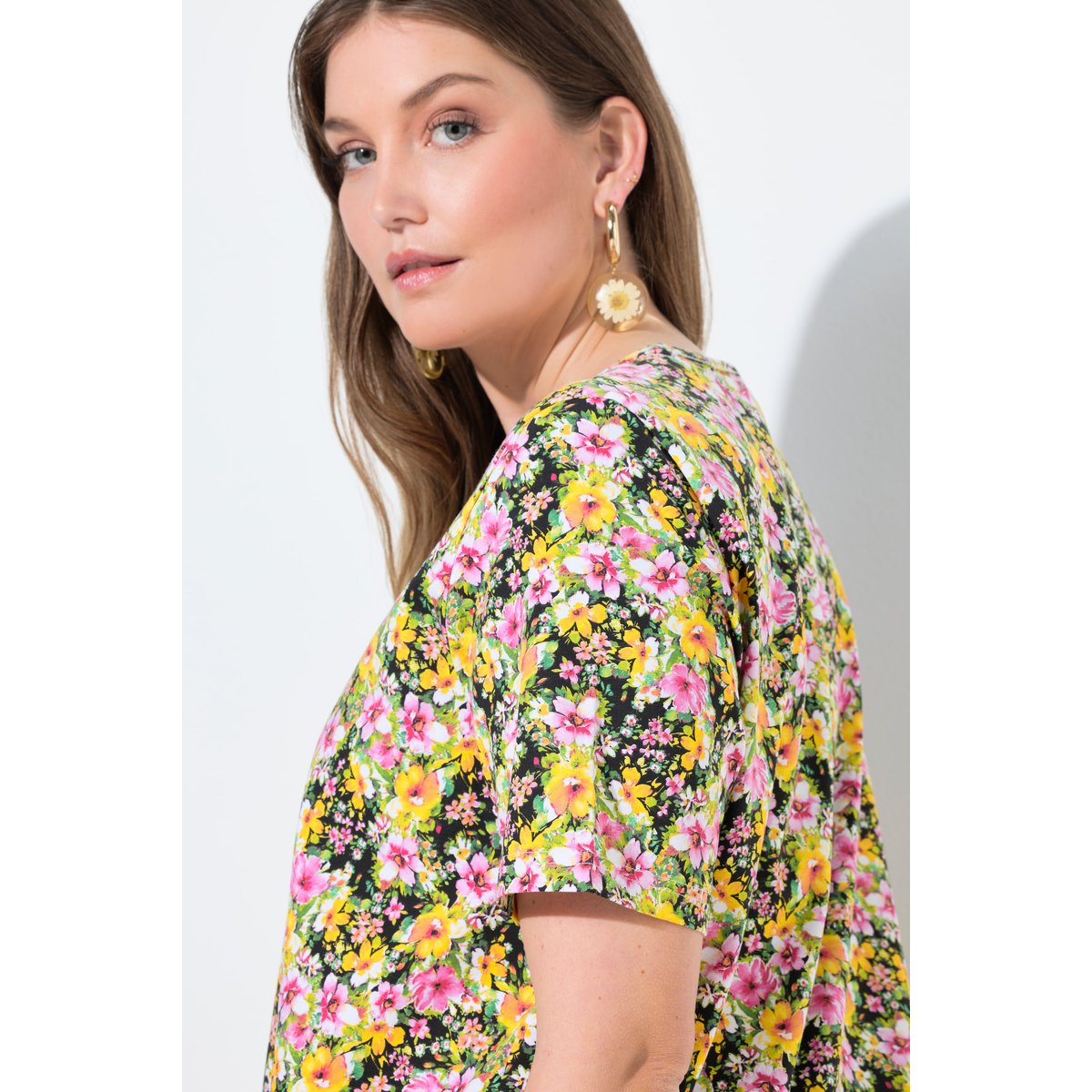 T-shirt avec plis fantaisie, coupe évasée noir, ULLA POPKEN