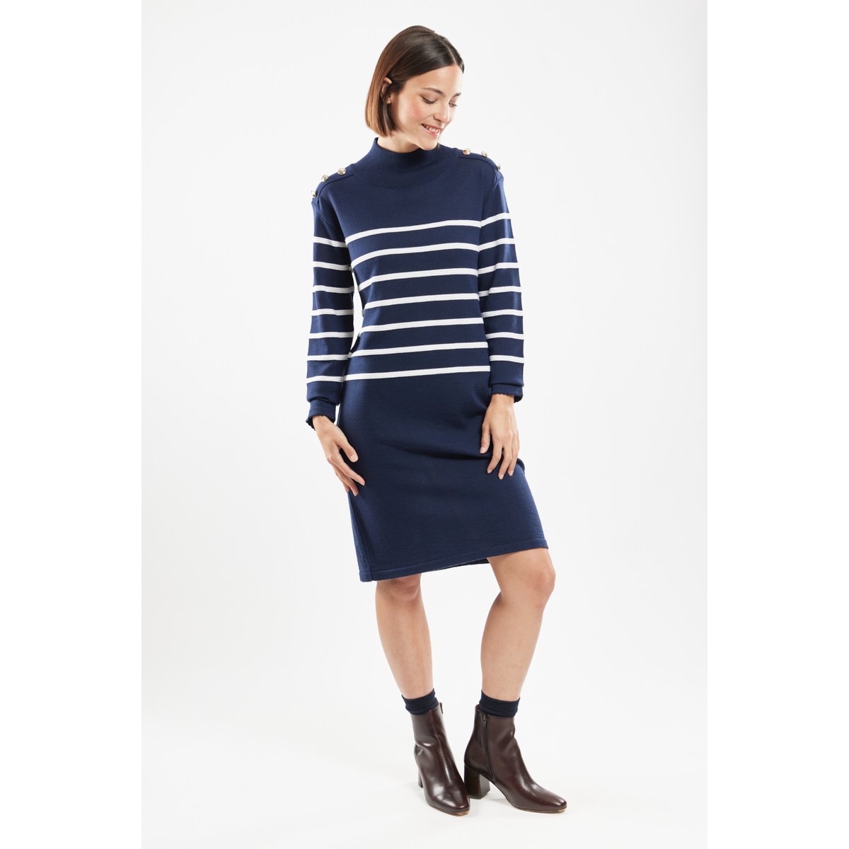 Robe rayée Mona en laine evening blue/nature h23, TERRE & MER