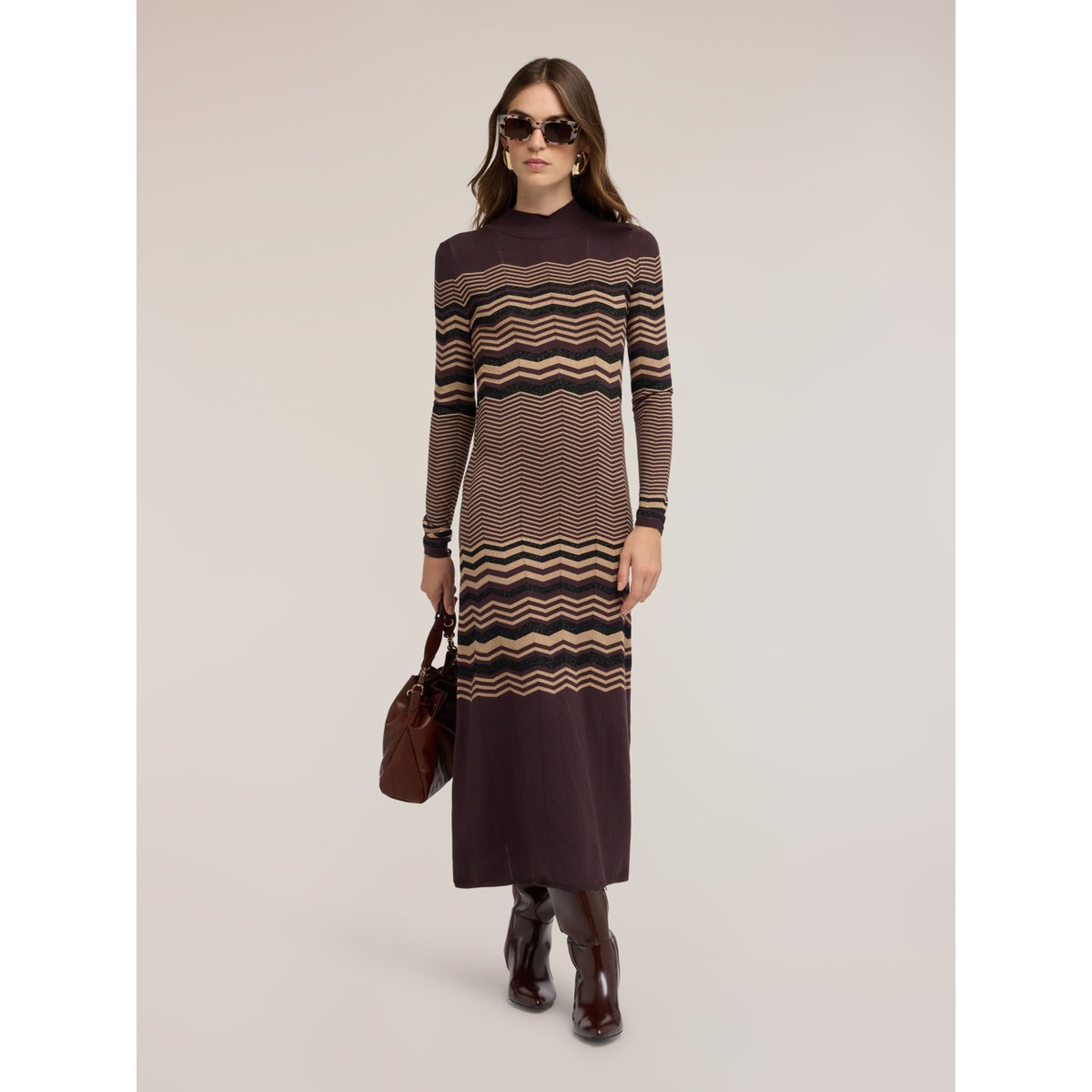 Robe jacquard à motif chevron marron, MOTIVI
