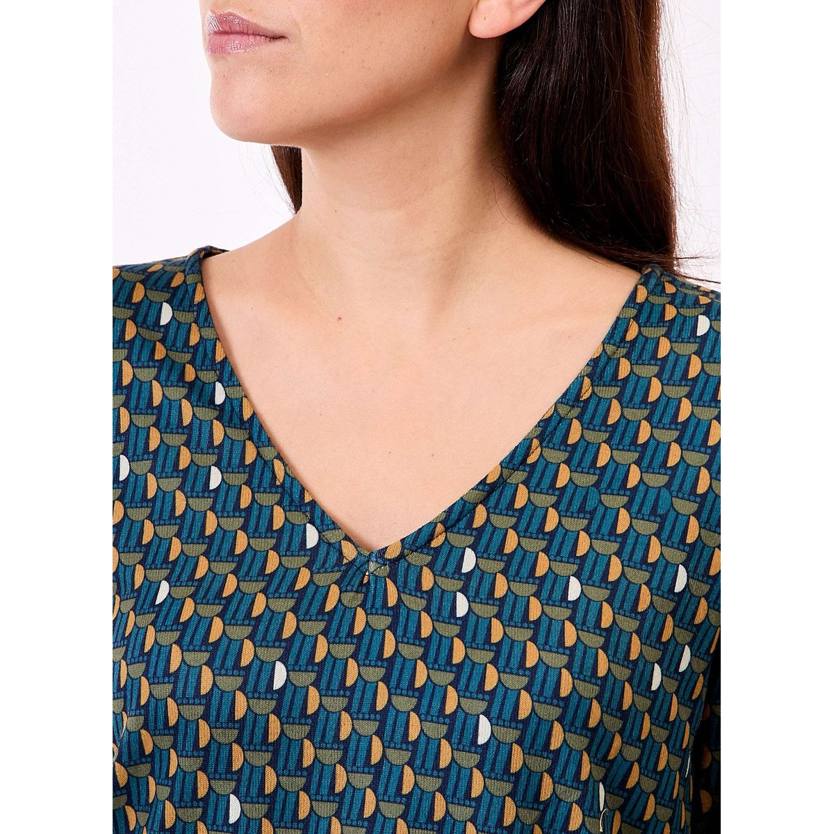 T-shirt fluide col V maille PLUME bleu octopus, LA FIANCÉE