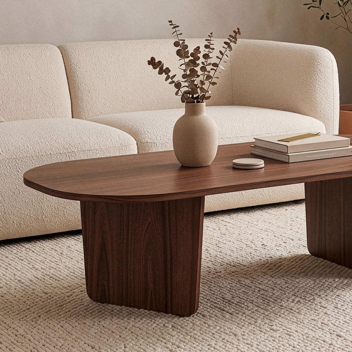 Table basse avec plateau aux bords arrondis noyer, CALICOSY
