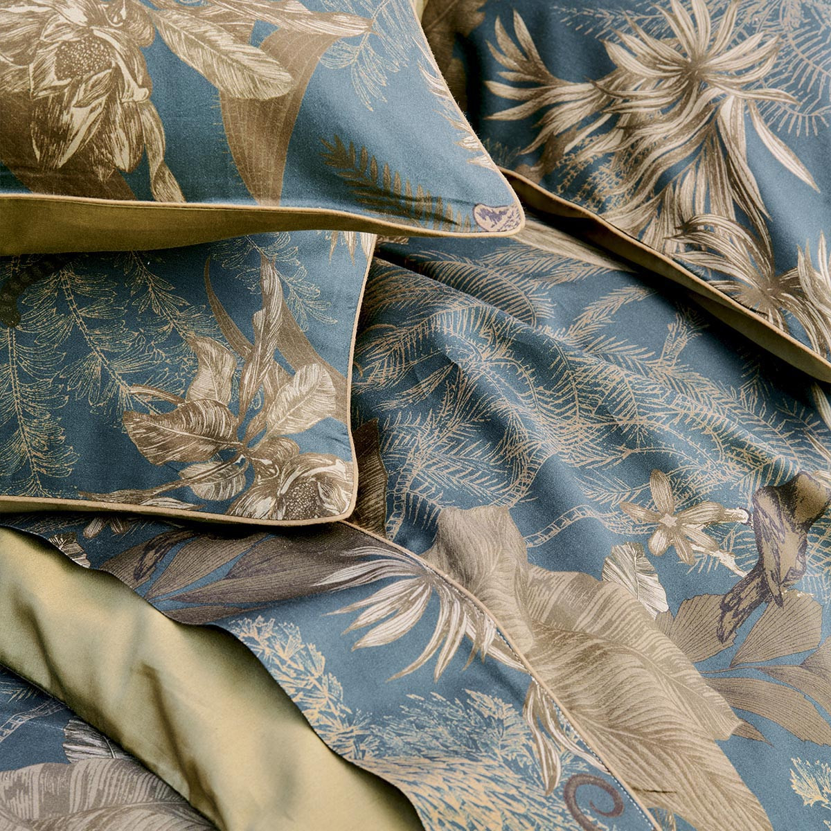 Taie d'oreiller satin de coton RAINFOREST bleu dore, GARNIER THIEBAUT