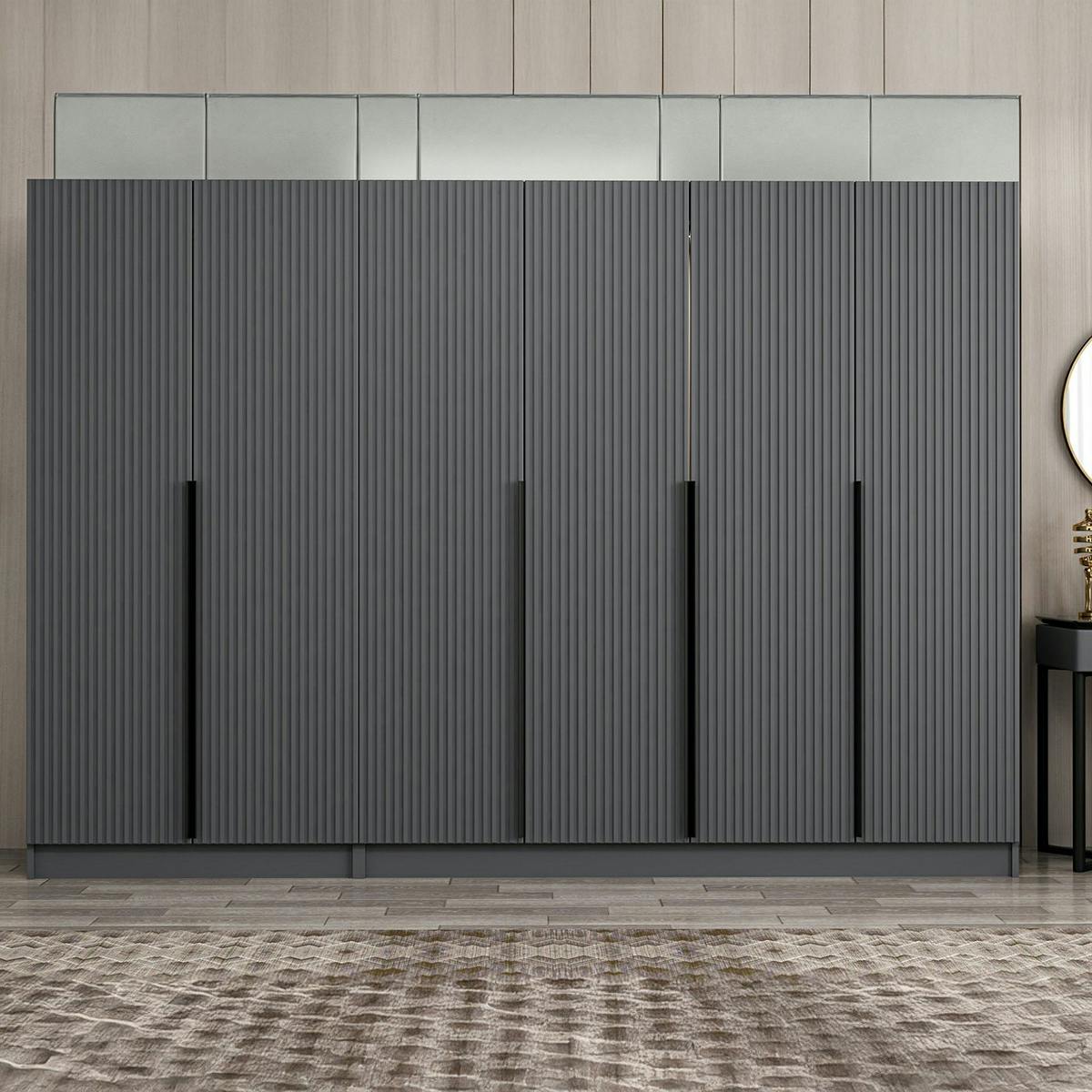 Dressing 6 portes grises rainurées 3 penderies BYRON anthracite, PIER IMPORT