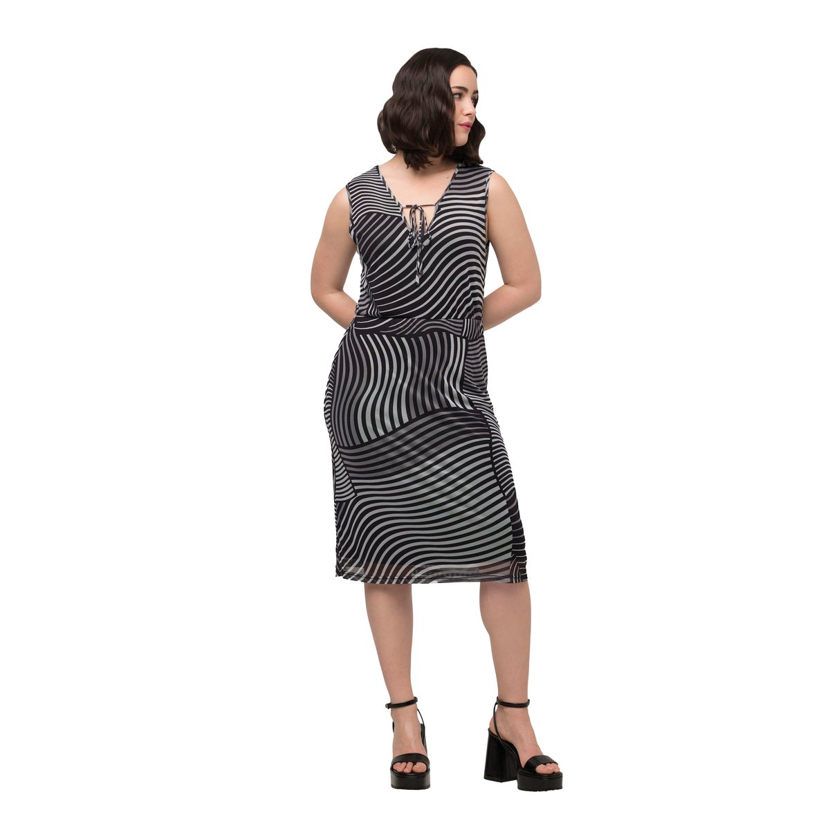Robe midi en mesh à col V et sans manches noir, ULLA POPKEN