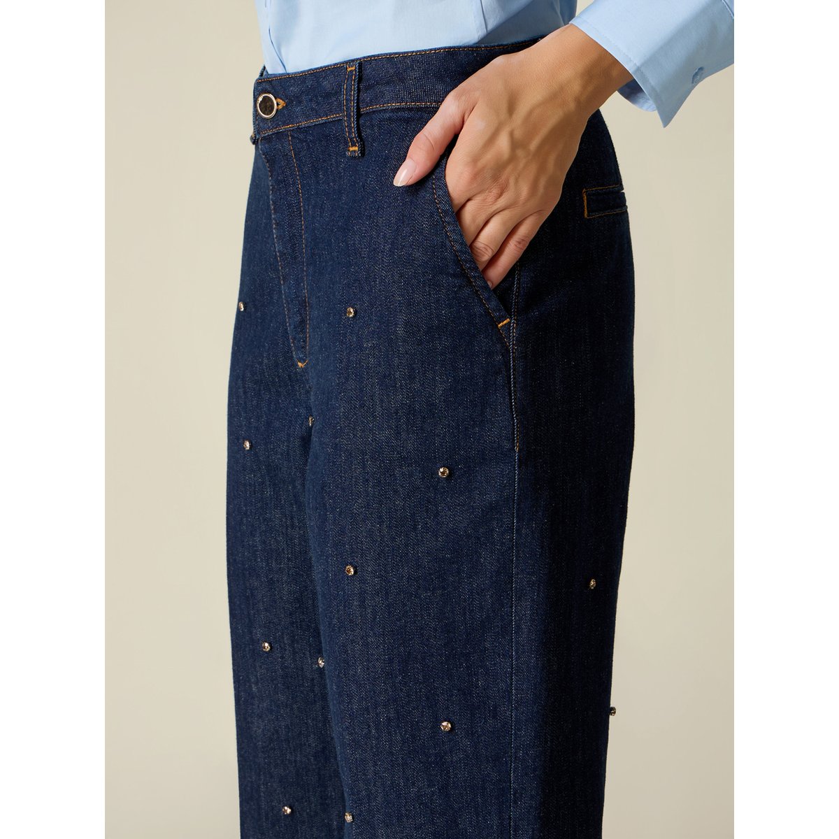 Jean cropped avec cristaux bleu, OLTRE