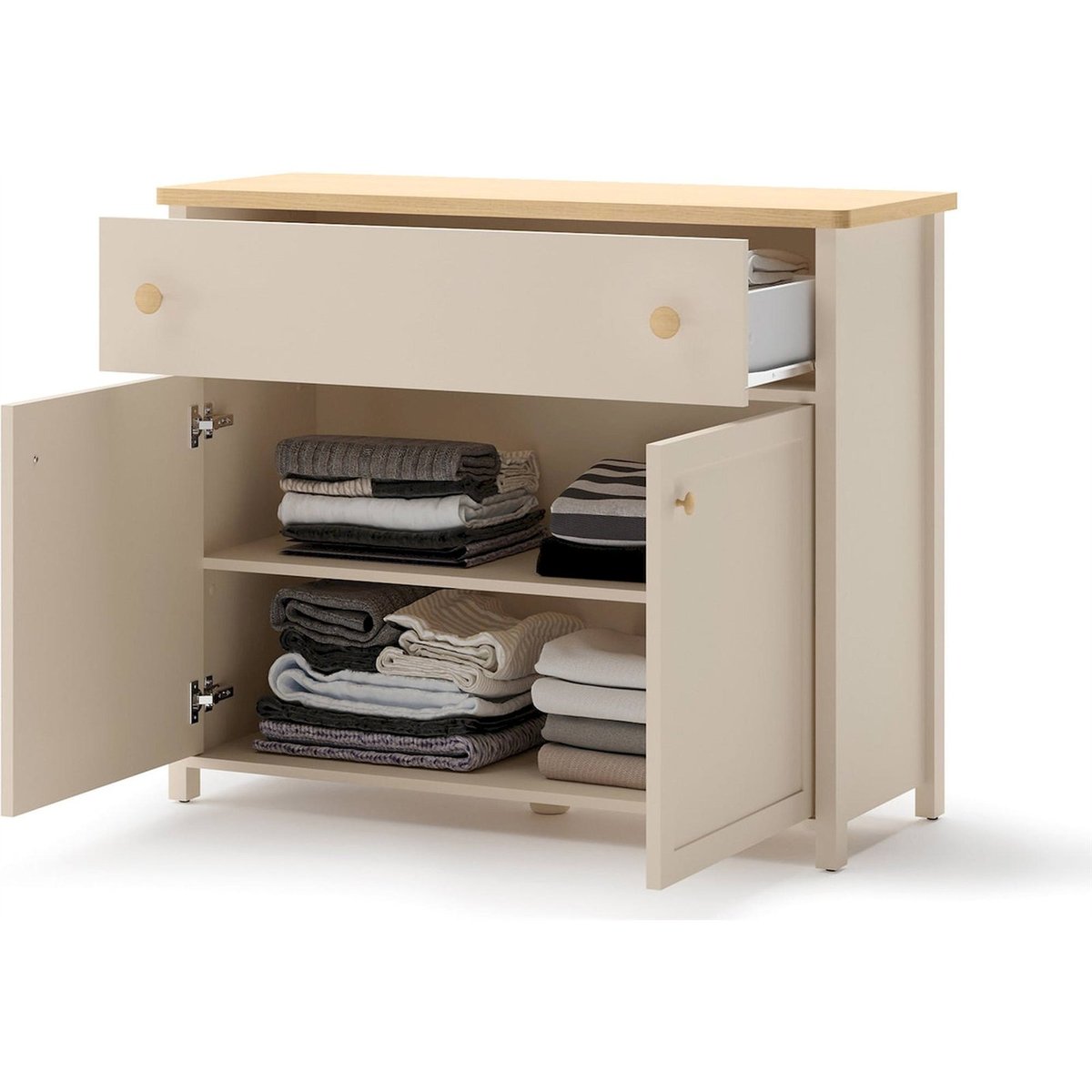 Commode enfant 2 portes 1 tiroir collection STORY beige sable et chêne blanchi, RECOLLECTION