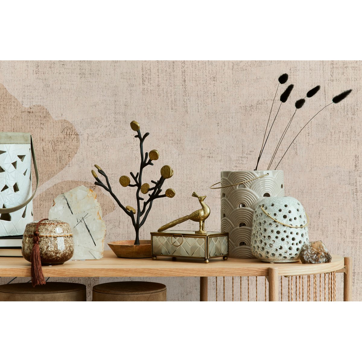 Papier peint panoramique Fogli Di Carta - Beige sable, papillons stylisés beige sable, LE PAPIERS DE NINON