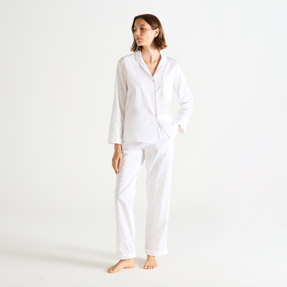 Pyjama col tailleur en satin ESSENTIEL UNI blanc, LAURENCE TAVERNIER