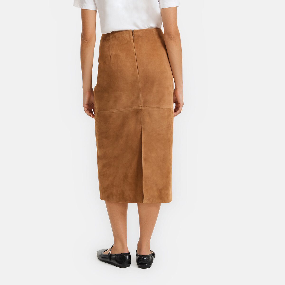 Jupe midi crayon en cuir de chèvre velours marron camel, LA REDOUTE COLLECTIONS