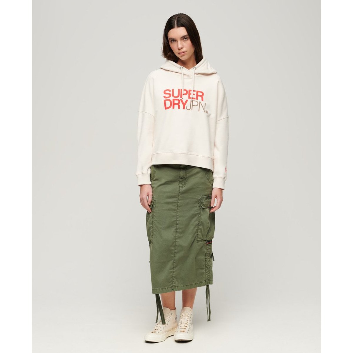 Sweat à capuche droit à logo Sportswear riz blanc, SUPERDRY