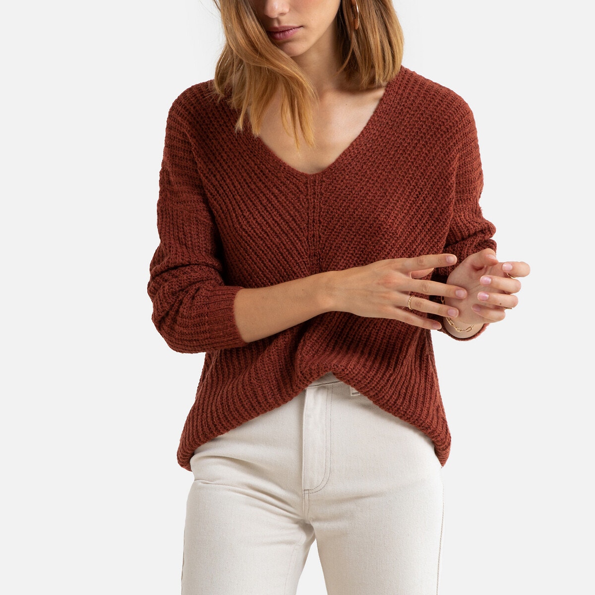 Pull en grosse maille, col V terracotta, JDY