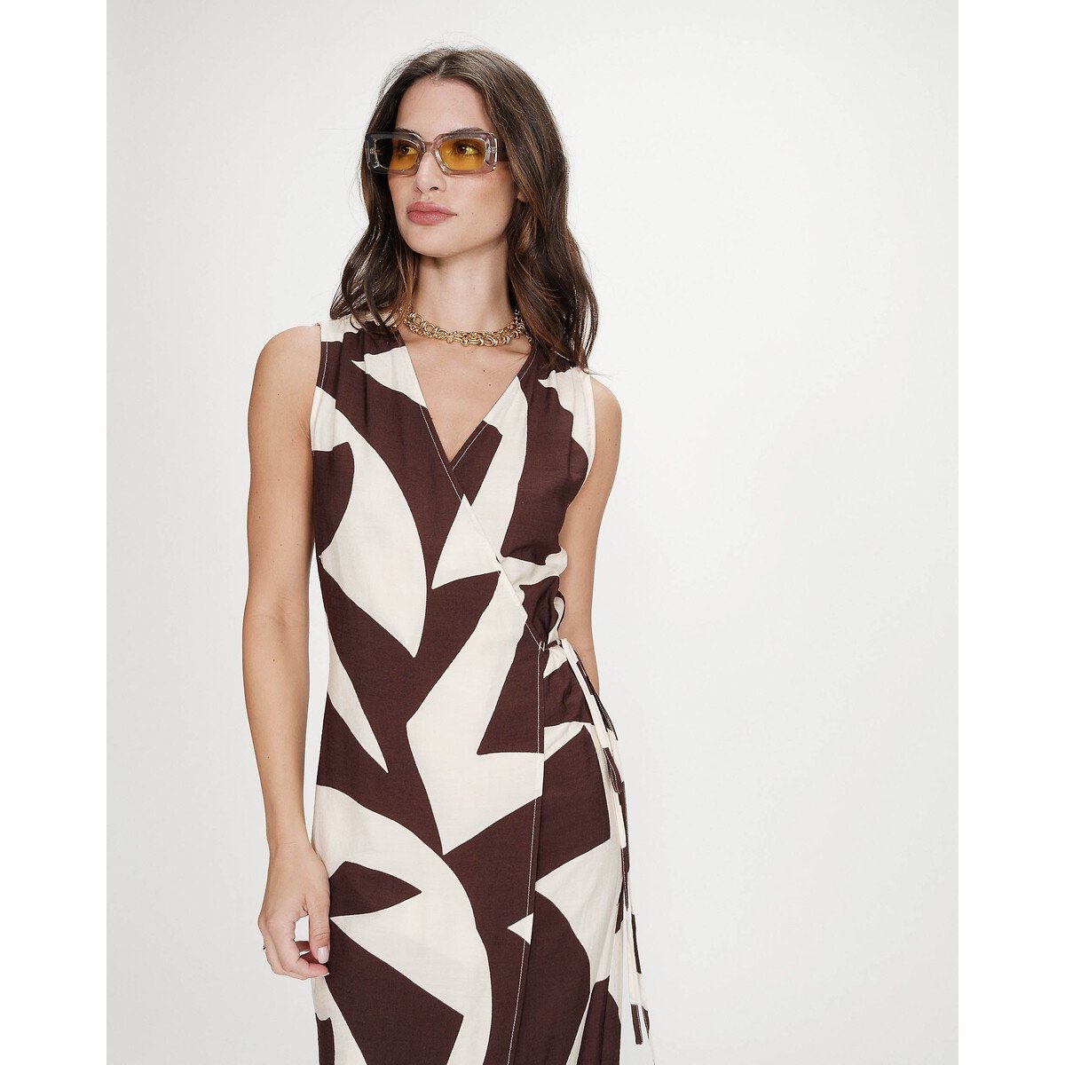 Robe longue portefeuille imprimée VELLINE imprimé marron, GRACE & MILA