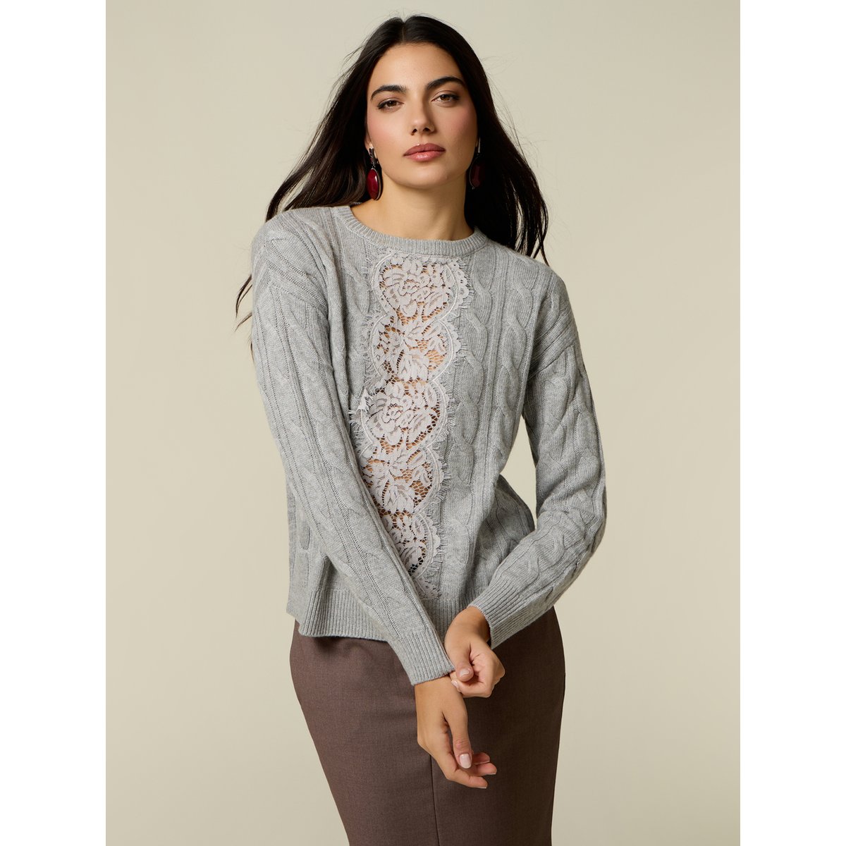 Pull avec insert en dentelle gris, OLTRE