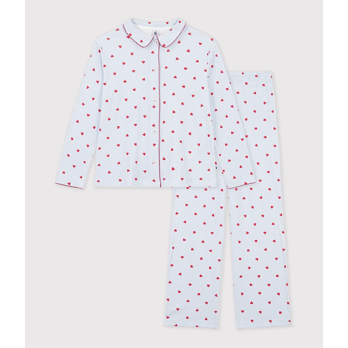 Pijama de 2 piezas, algodón, estampado de rayas y corazones rayas blanco azul, PETIT BATEAU