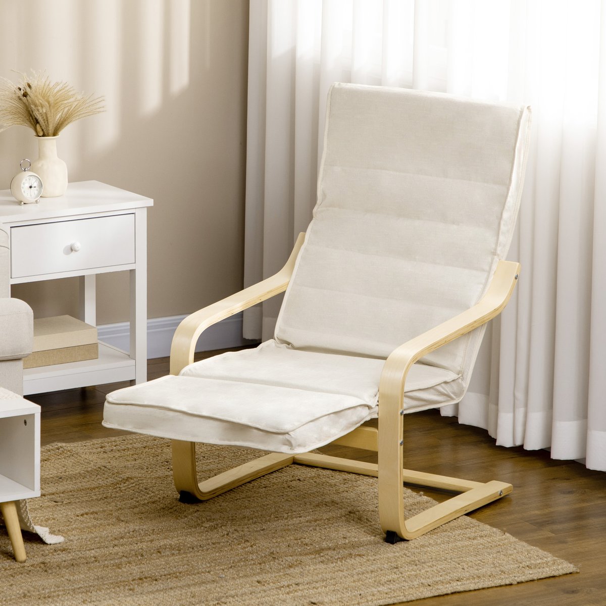 Accent Chair Lin (100% polyester) Crème crème, bois naturel, HOMCOM
