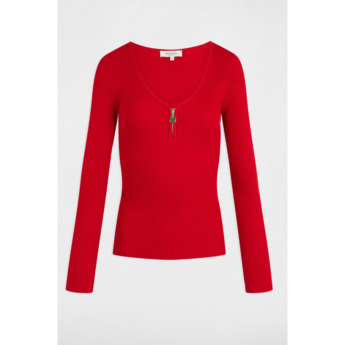 Pull manches longues côtelé détail zippé rouge, MORGAN