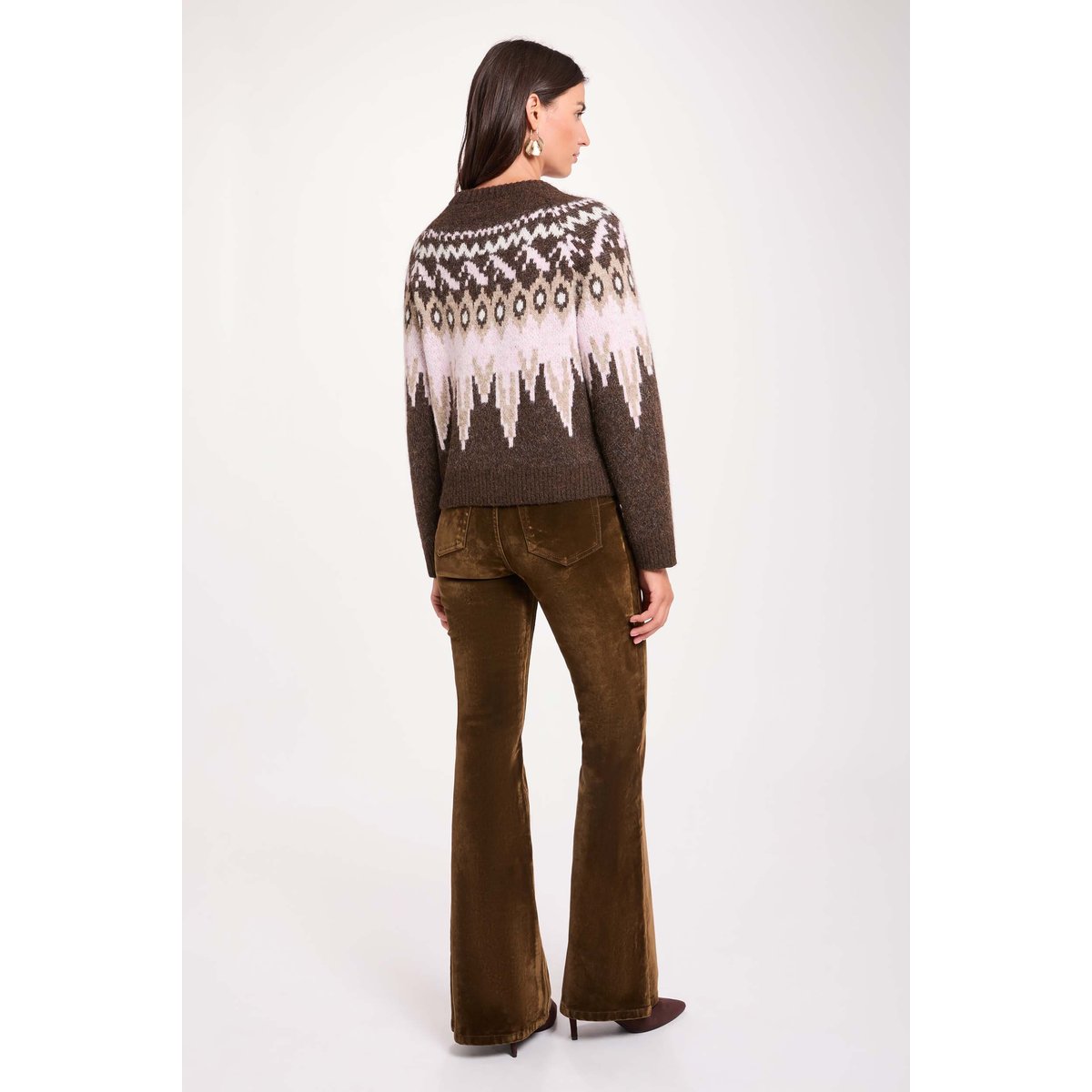 Pull jacquard col rond marron foncé, MORGAN