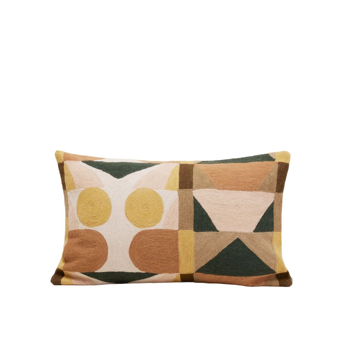 Housse De Coussin en Motif graphique brodé au point de chainette NIKOLLA sable et vert, MADURA