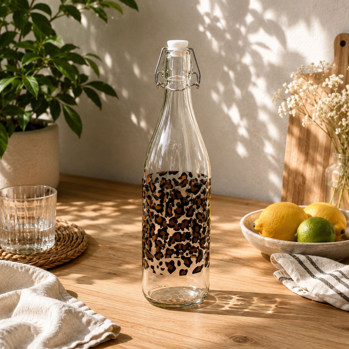 Bouteille 1 litre en verre, LEOPARD multicolore, NOVASTYL
