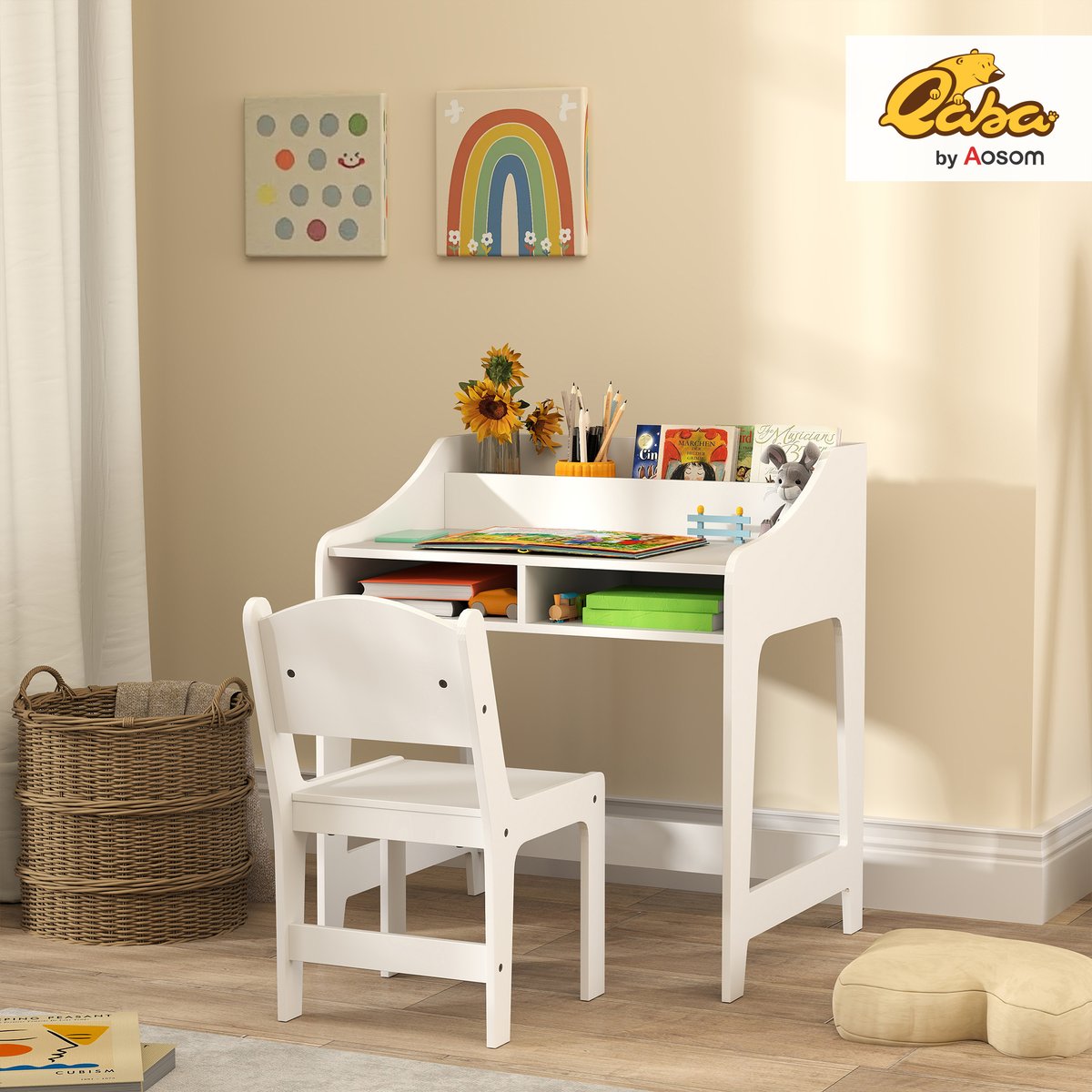 Bureau d'étude pour enfants avec chaise MDF blanc, AIYAPLAY