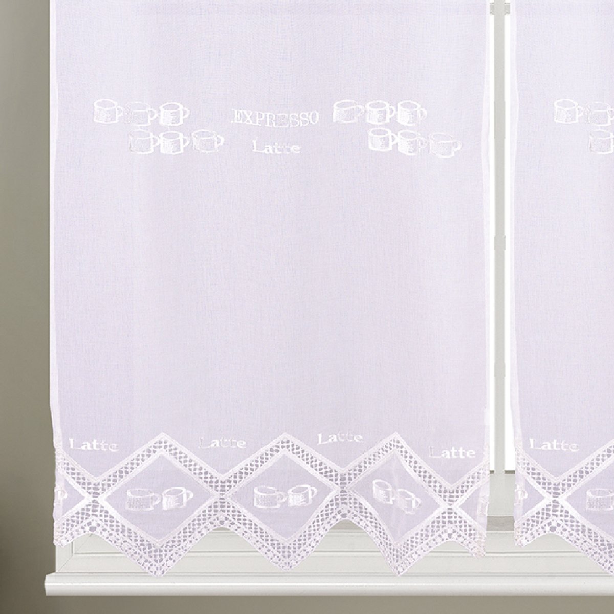 Paire de petits voilages de cuisine dentelle motif café latte blanc, HOME MAISON