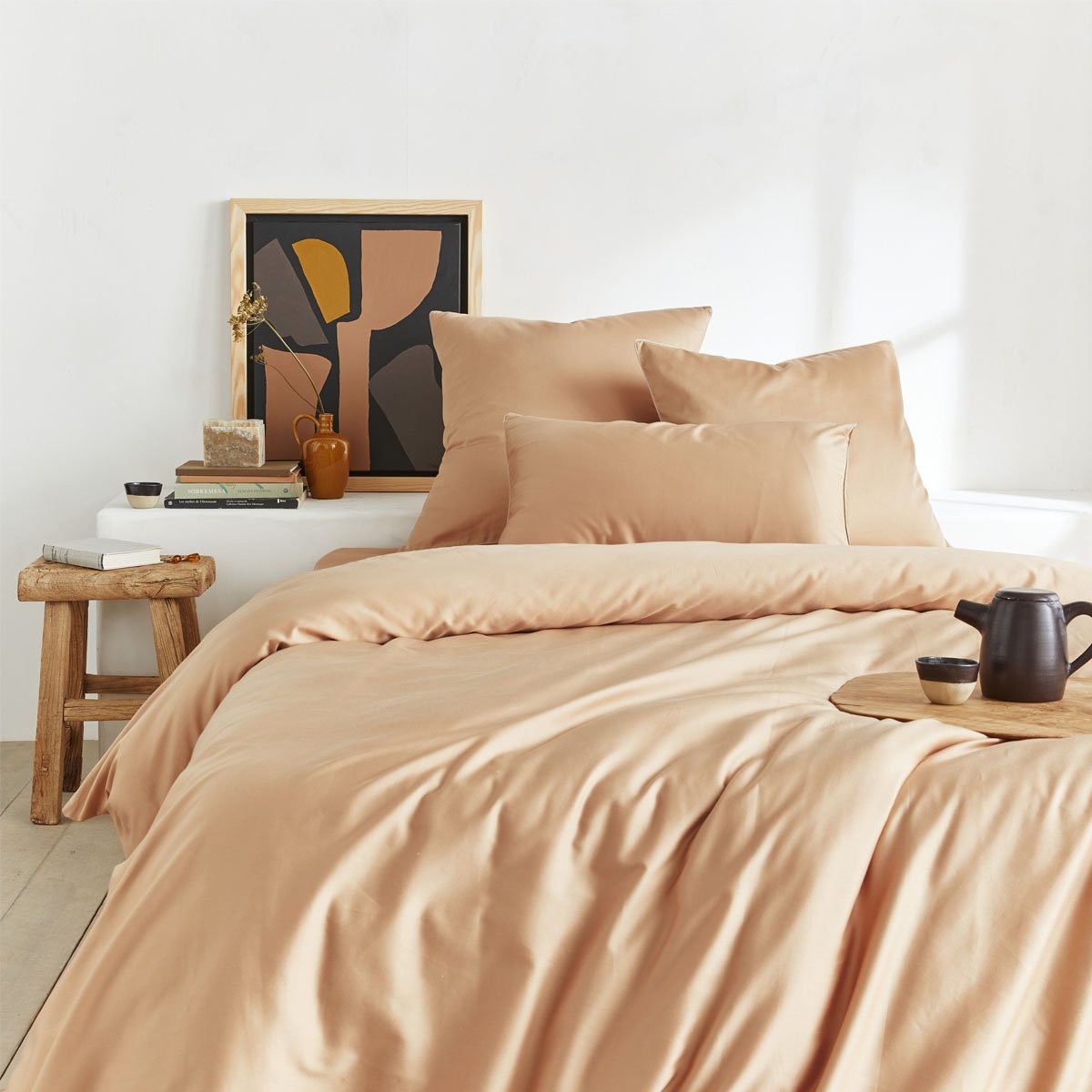 Drap housse uni en satin de coton, HEURE DORÉE beige, A DEMAIN