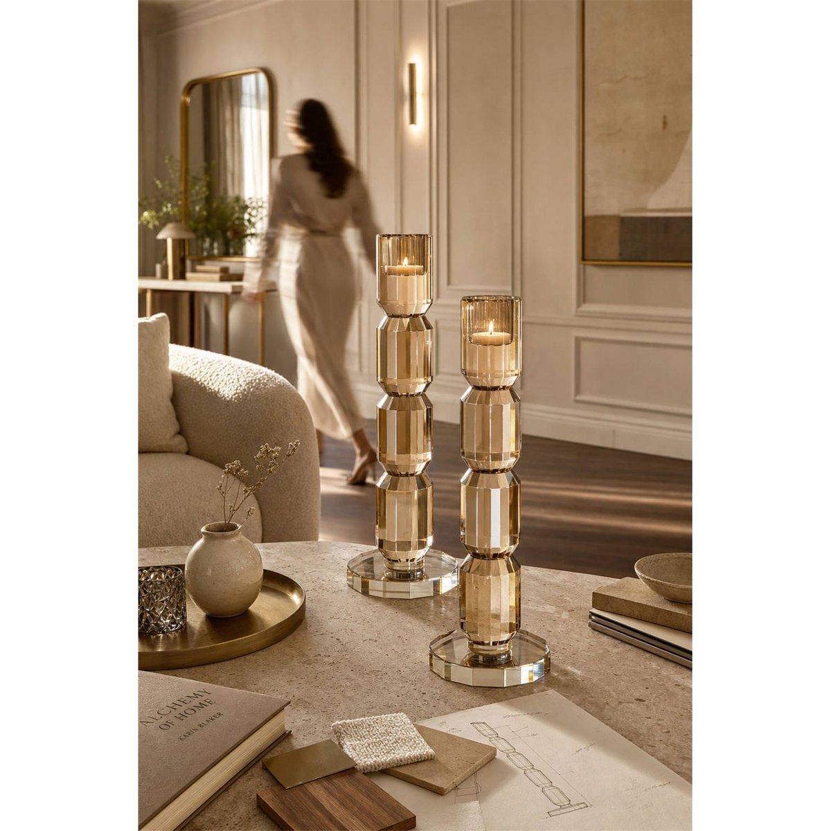 Bougeoir en cristal facetté champagne, RECOLLECTION
