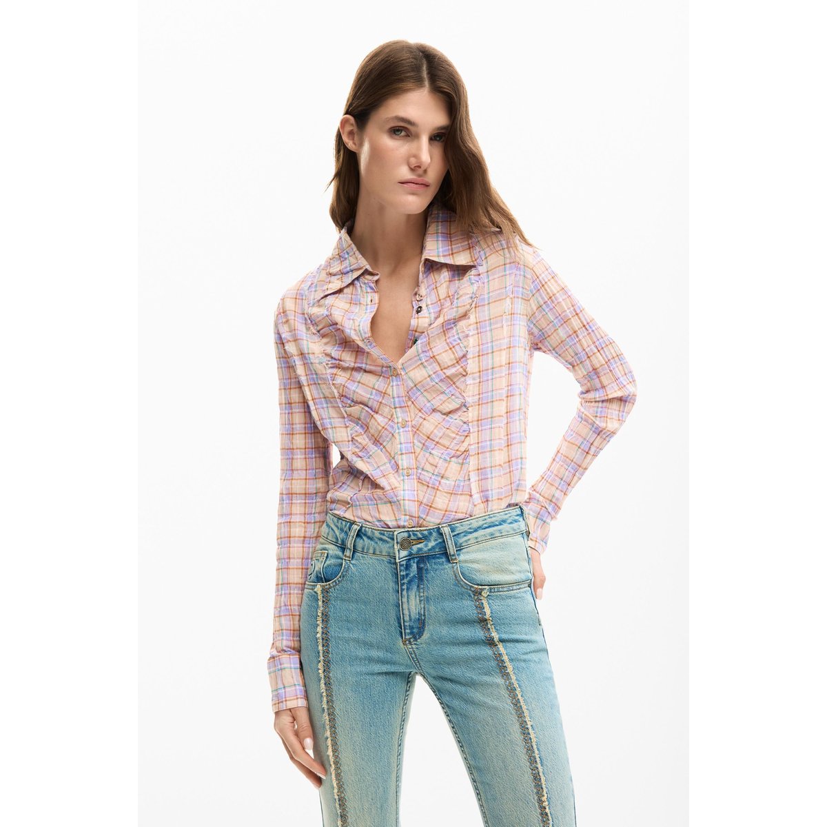 Pantalon en jean à fleurs évasé bleu clair, DESIGUAL