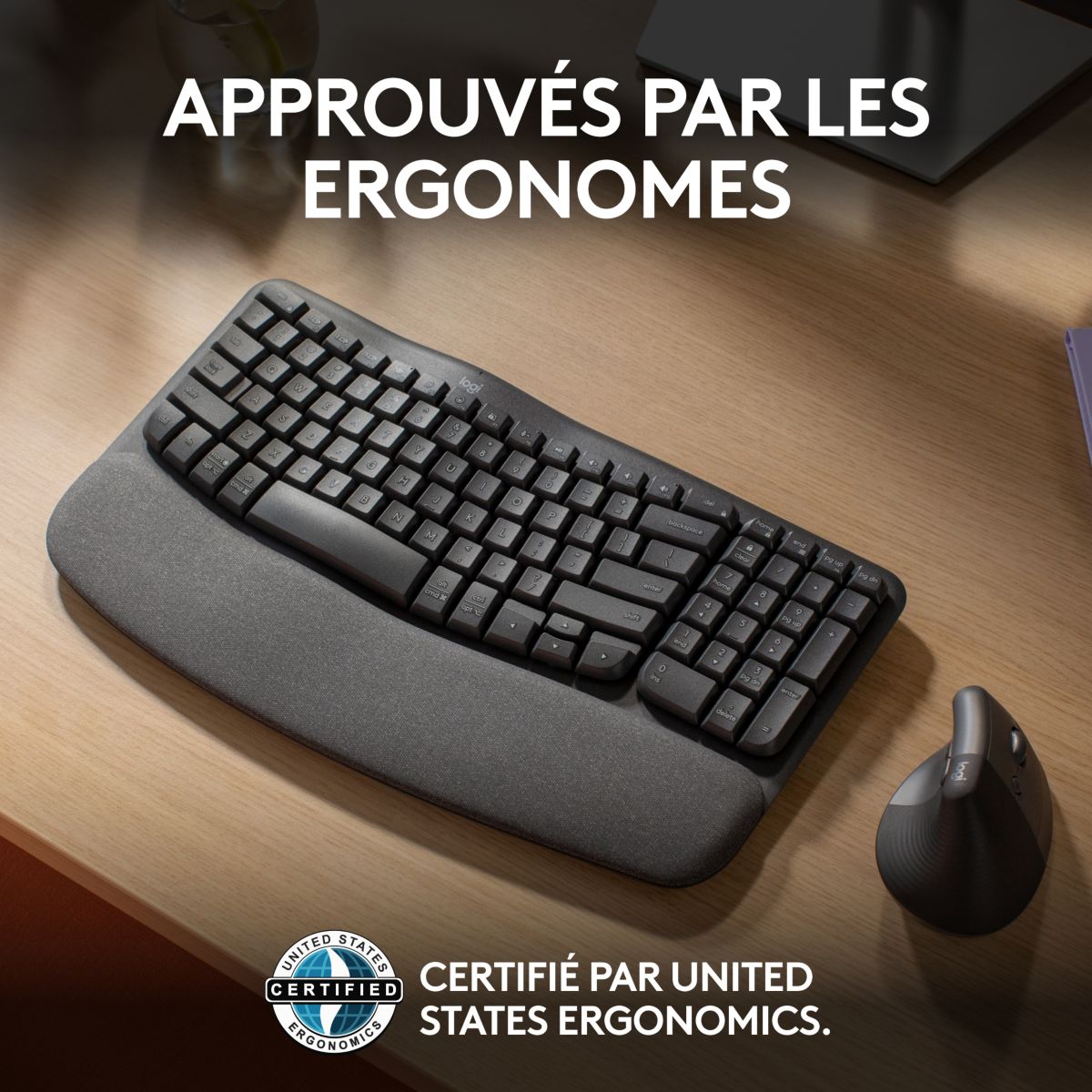 Clavier sans fil Wave Keys ergonomique +  repose poignets couleur unique, LOGITECH