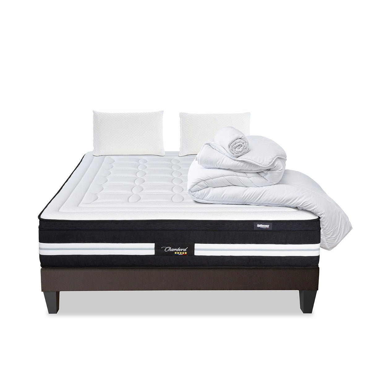 Pack Chambord 90x200 cm Matelas Ressorts + Sommier Bois + Accessoires blanc, BELLECOUR