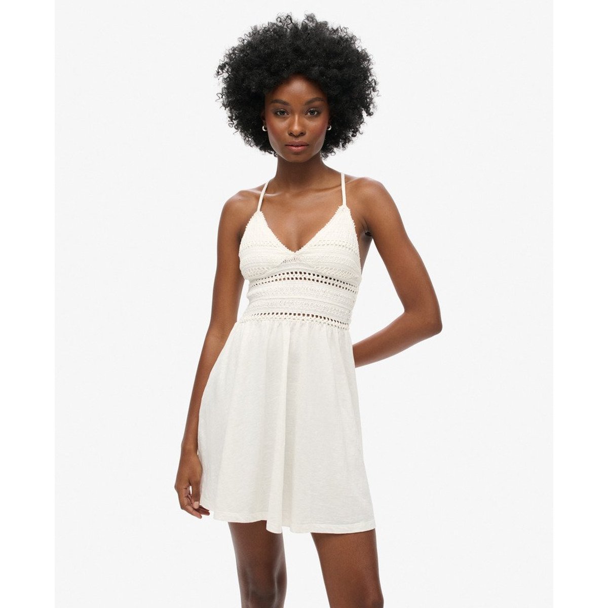 Robe courte en jersey et dentelle blanc cassé, SUPERDRY