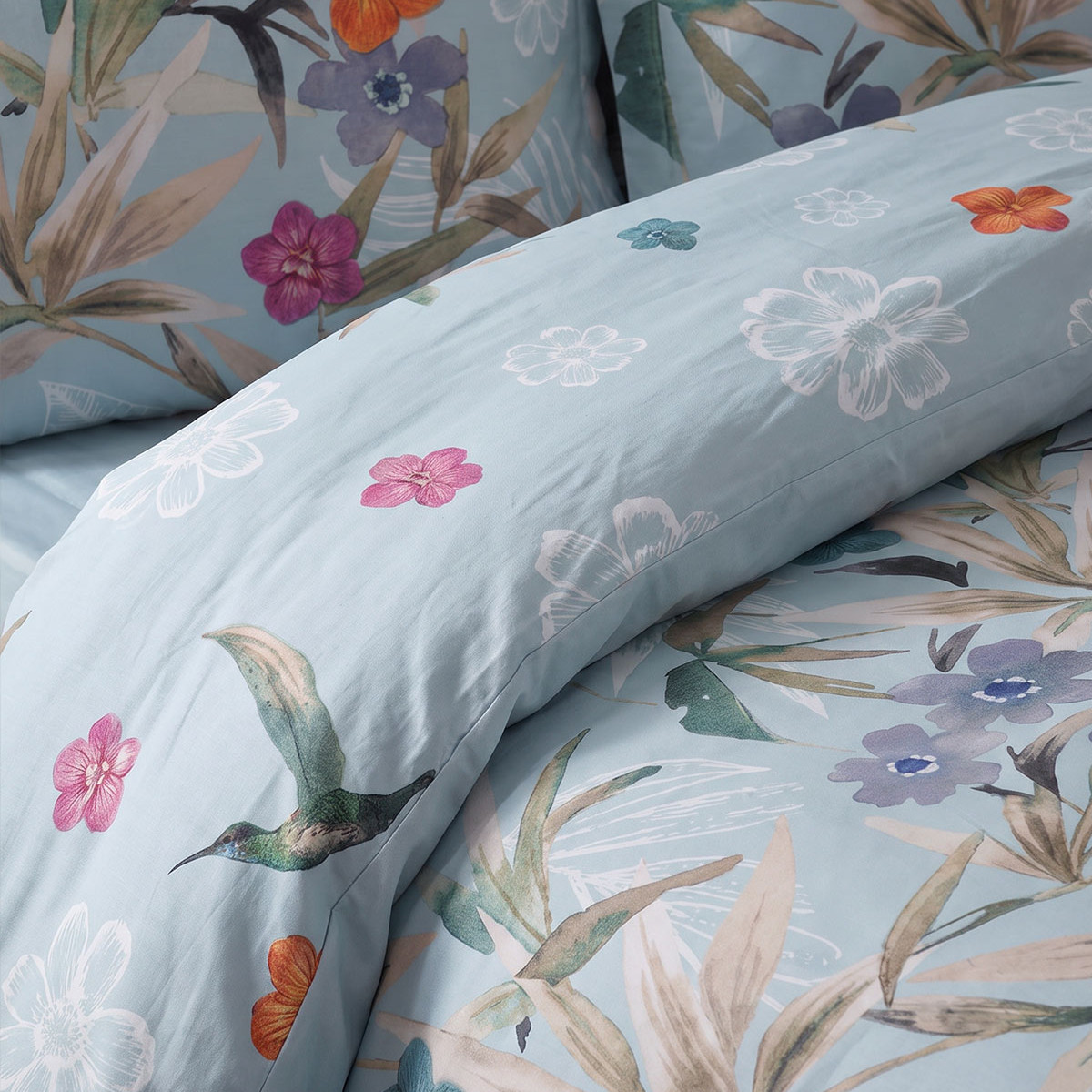 Drap housse en percale de coton bonnet 30 cm BIRDIE bleu arctic, SENSEI MAISON