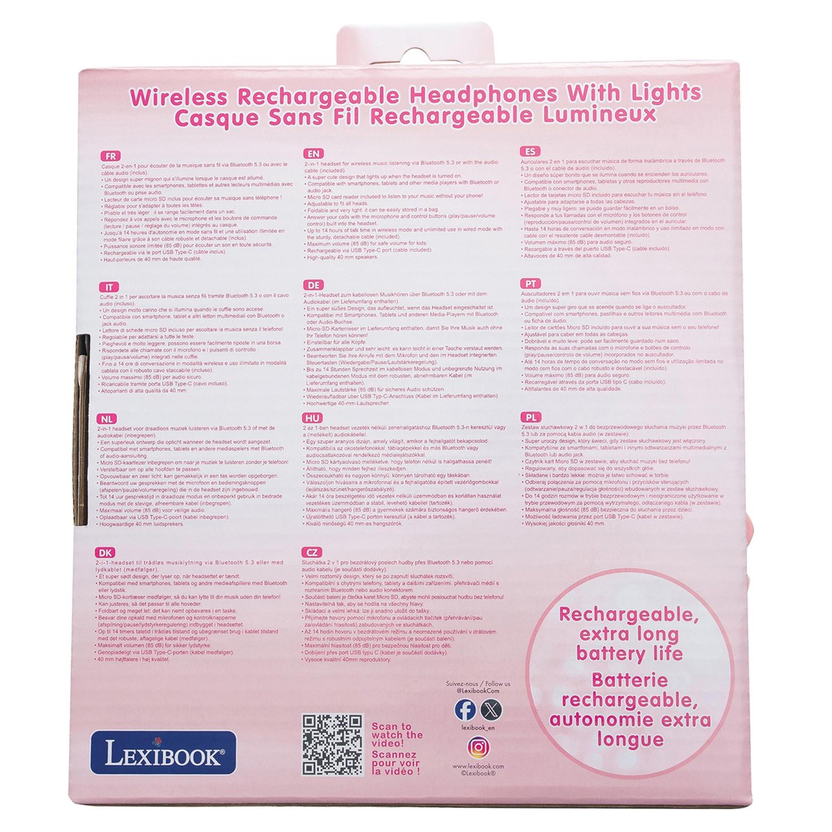Casque lumineux pliable Bluetooth et filaire Girly avec limitation du volume rose, LEXIBOOK