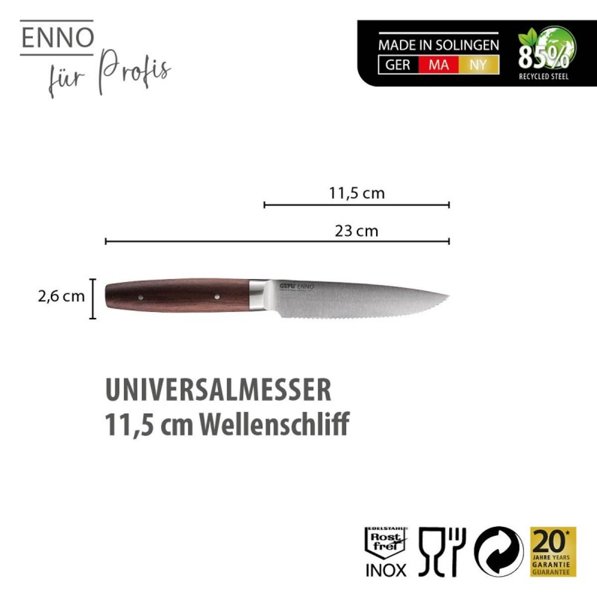 Couteau universel Enno 11,5 cm avec lame dentelée en acier et bois argent et marron, GEFU