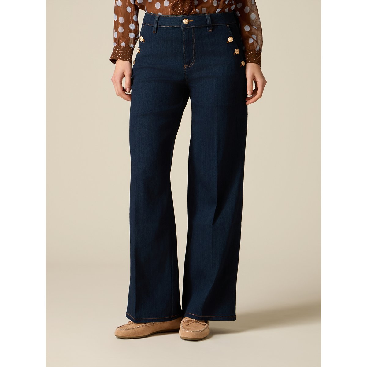 Jean palazzo avec boutons décoratifs bleu, OLTRE