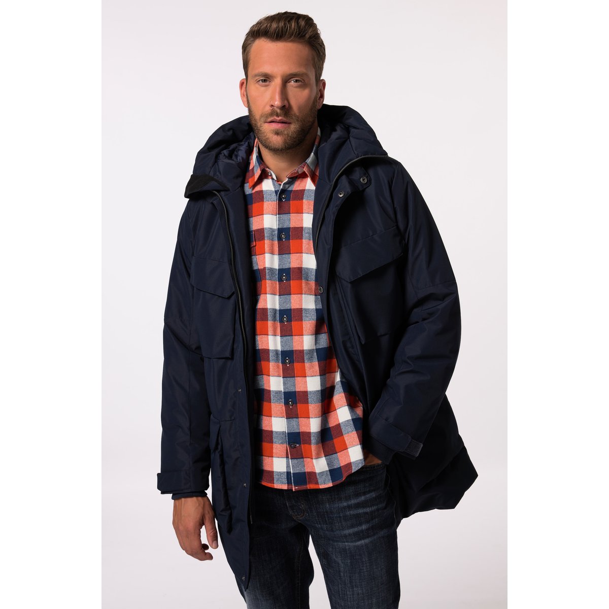 Parka, capuche, nombreuses poches bleu marine, JP1880
