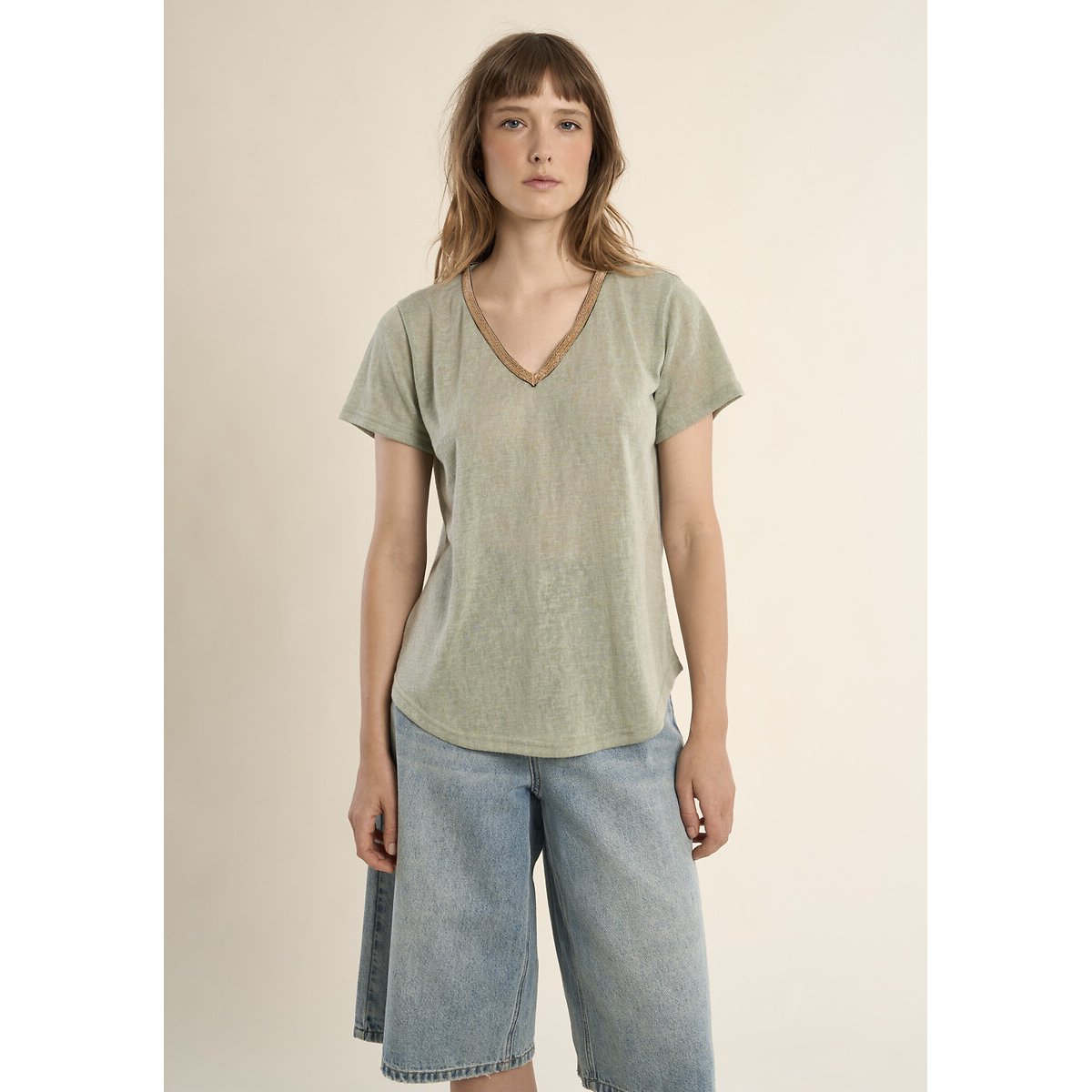T-shirt manches courtes col V vert d'eau, MOLLY BRACKEN