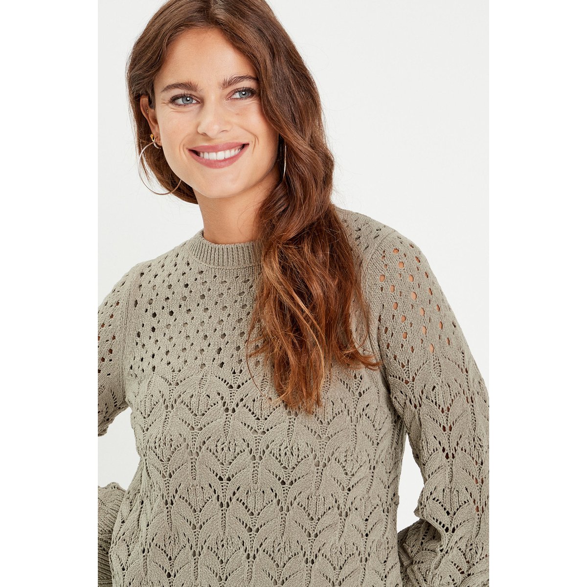 Robe tricot évasée ajourée vert kaki, CACHE CACHE