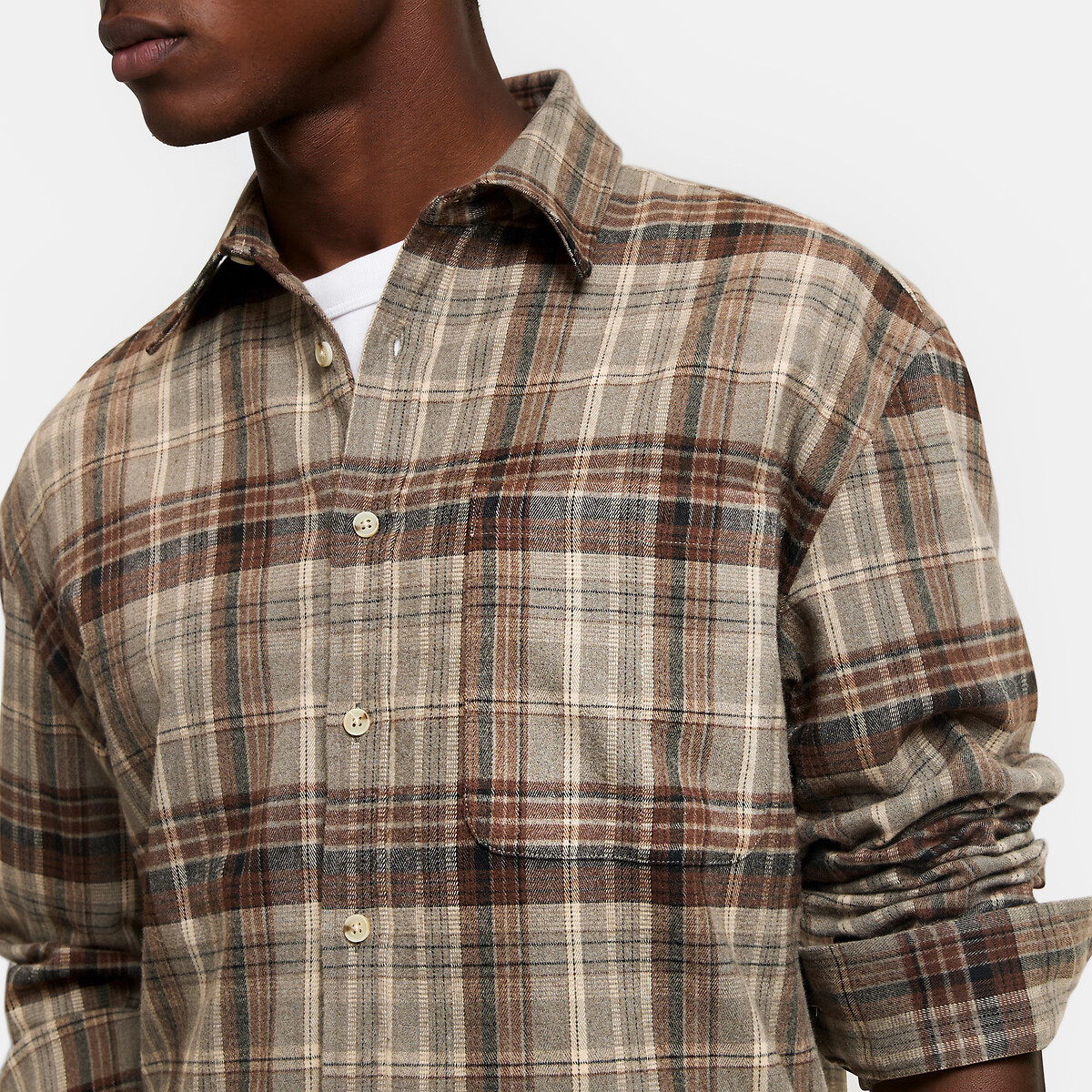 Camisa de manga larga recta a cuadros marrón a cuadros, LA REDOUTE COLLECTIONS