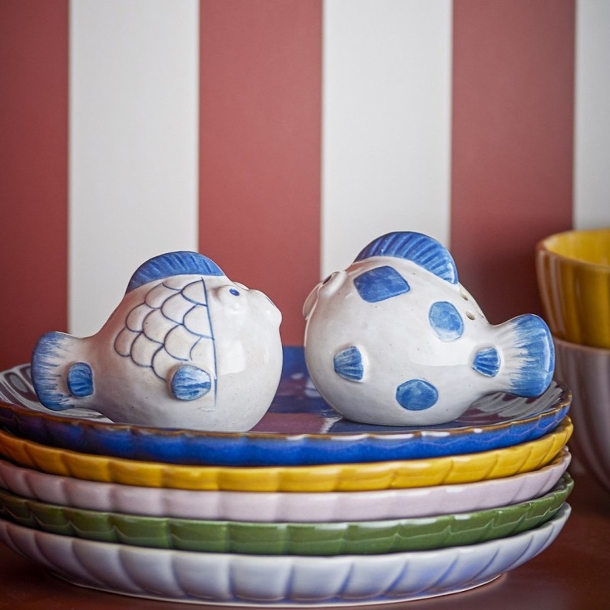 Salière poivrière poissons grès FUGU set de 2 bleu, BLOOMINGVILLE
