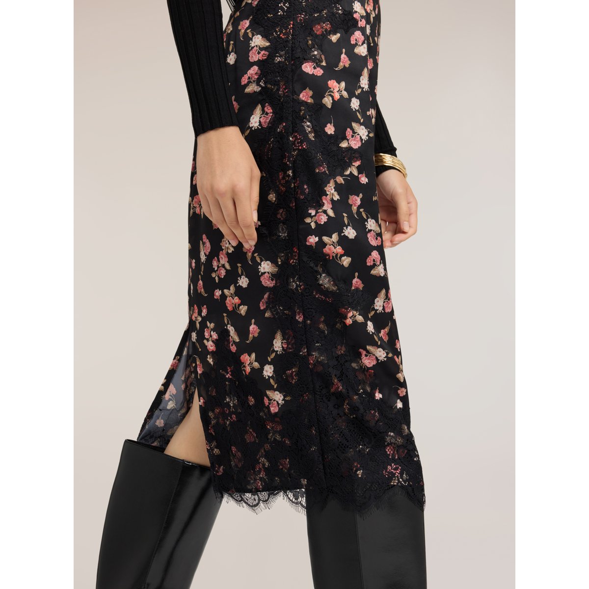 Jupe crayon avec imprimé floral et dentelle noir, MOTIVI