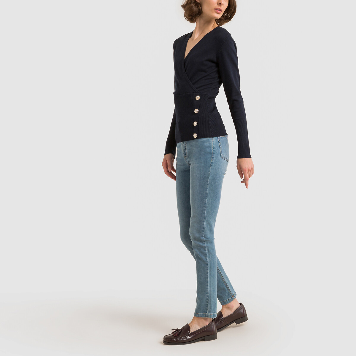 Fine Knit Jumper with V-Neck navy, MORGAN