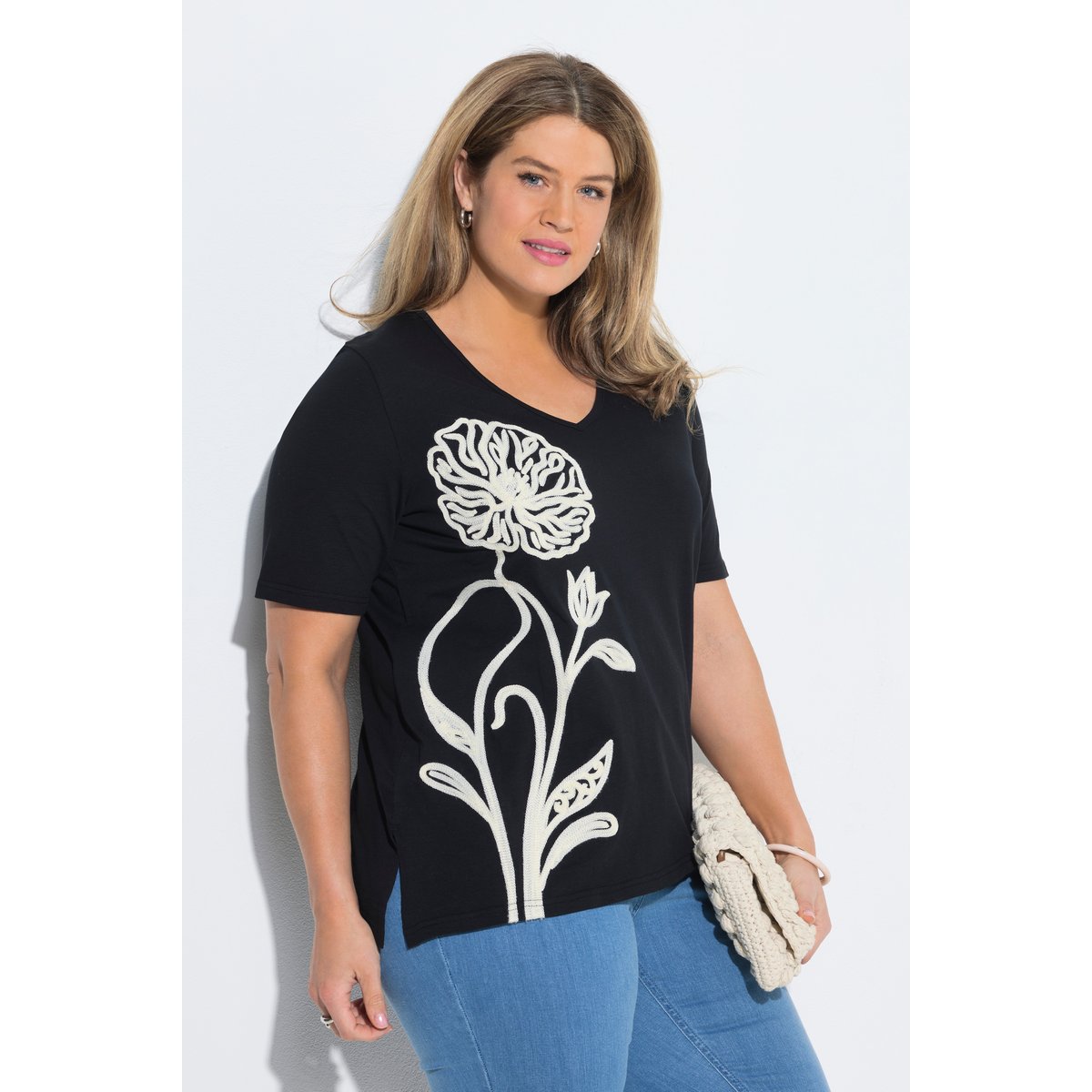 T-shirt long, broderie, manches courtes noir, ULLA POPKEN