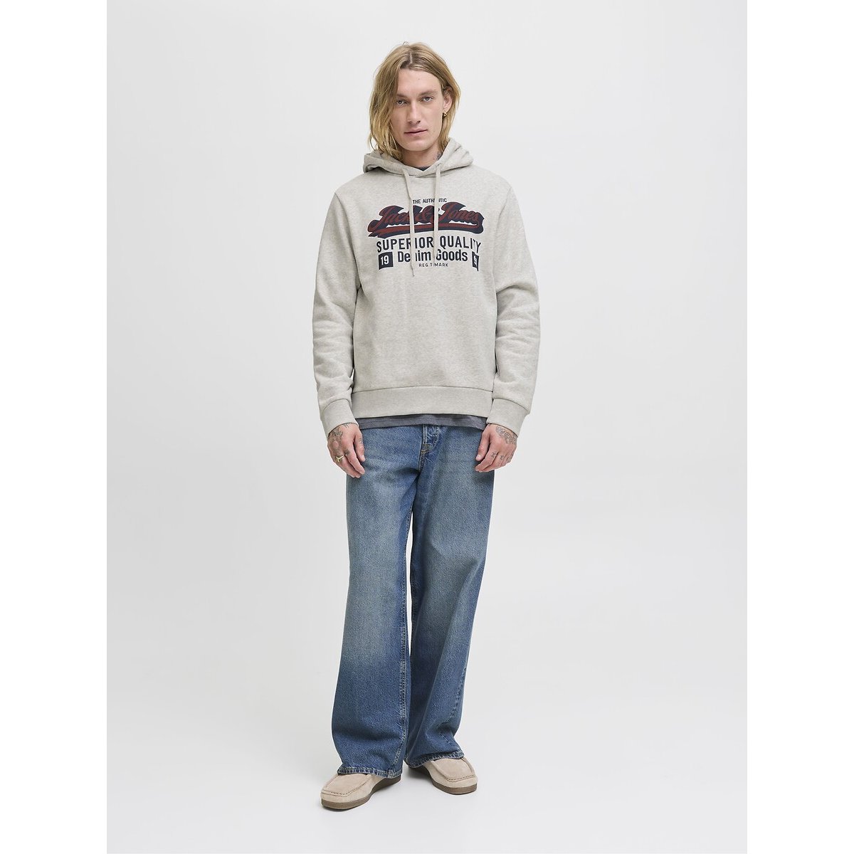 Felpa con cappuccio e logo beige, JACK & JONES